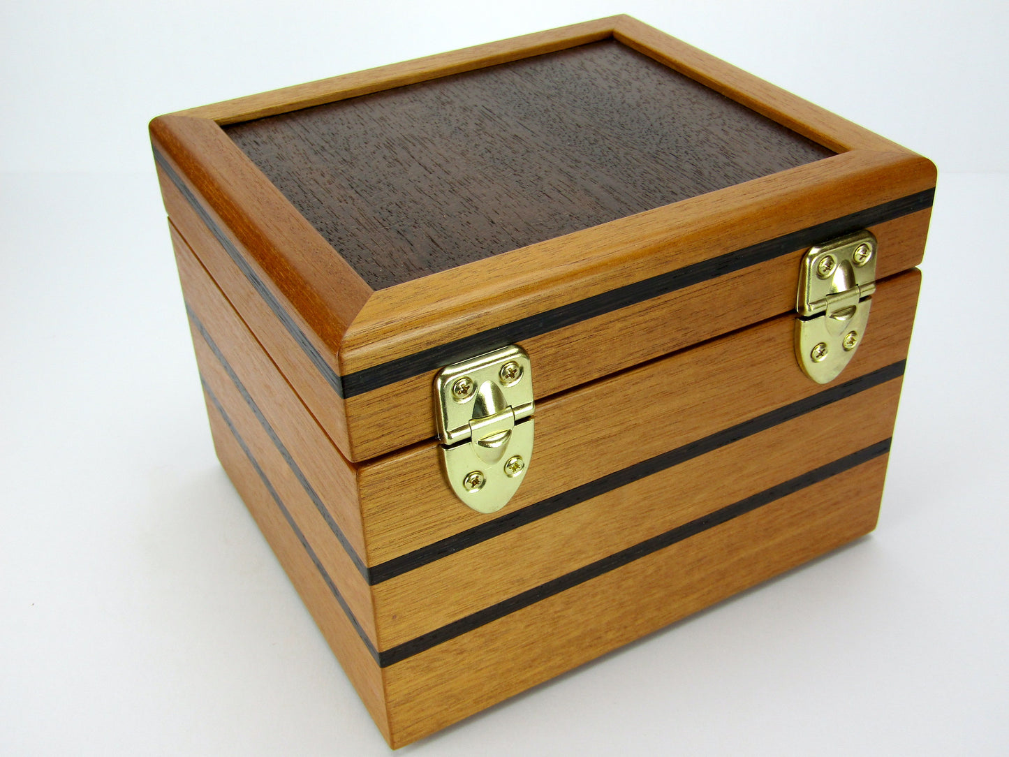 Back view of wooden memory box handmade from mahogany, Peruvian walnut and wenge wood by A Finer Cut.