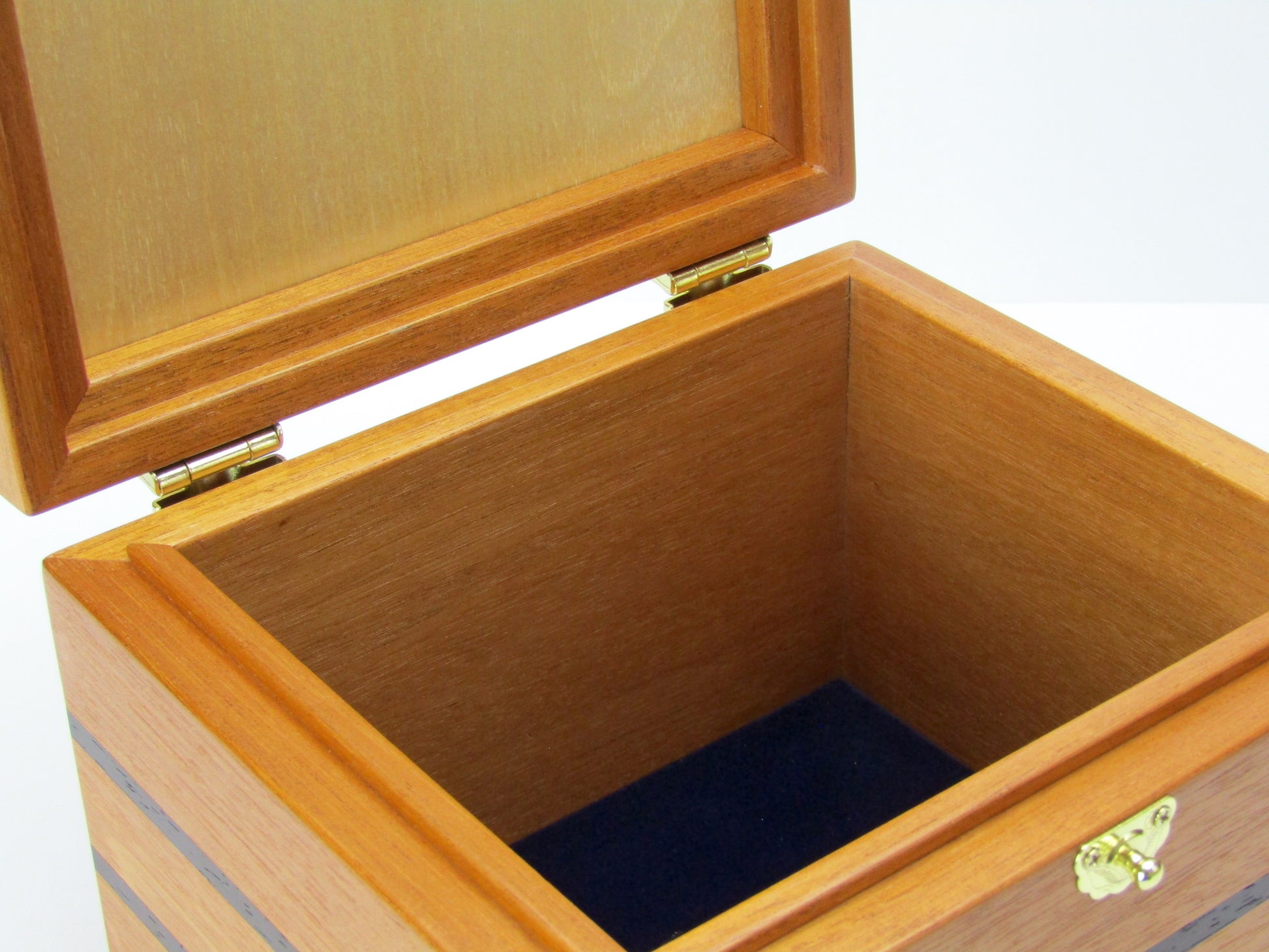 Interior view of wooden memory box handmade from mahogany, Peruvian walnut and wenge wood by A Finer Cut.