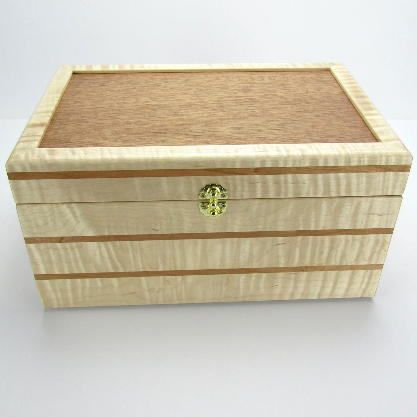 Front view of wooden memory box handmade from curly maple and cherry wood by A Finer Cut Woodworking.