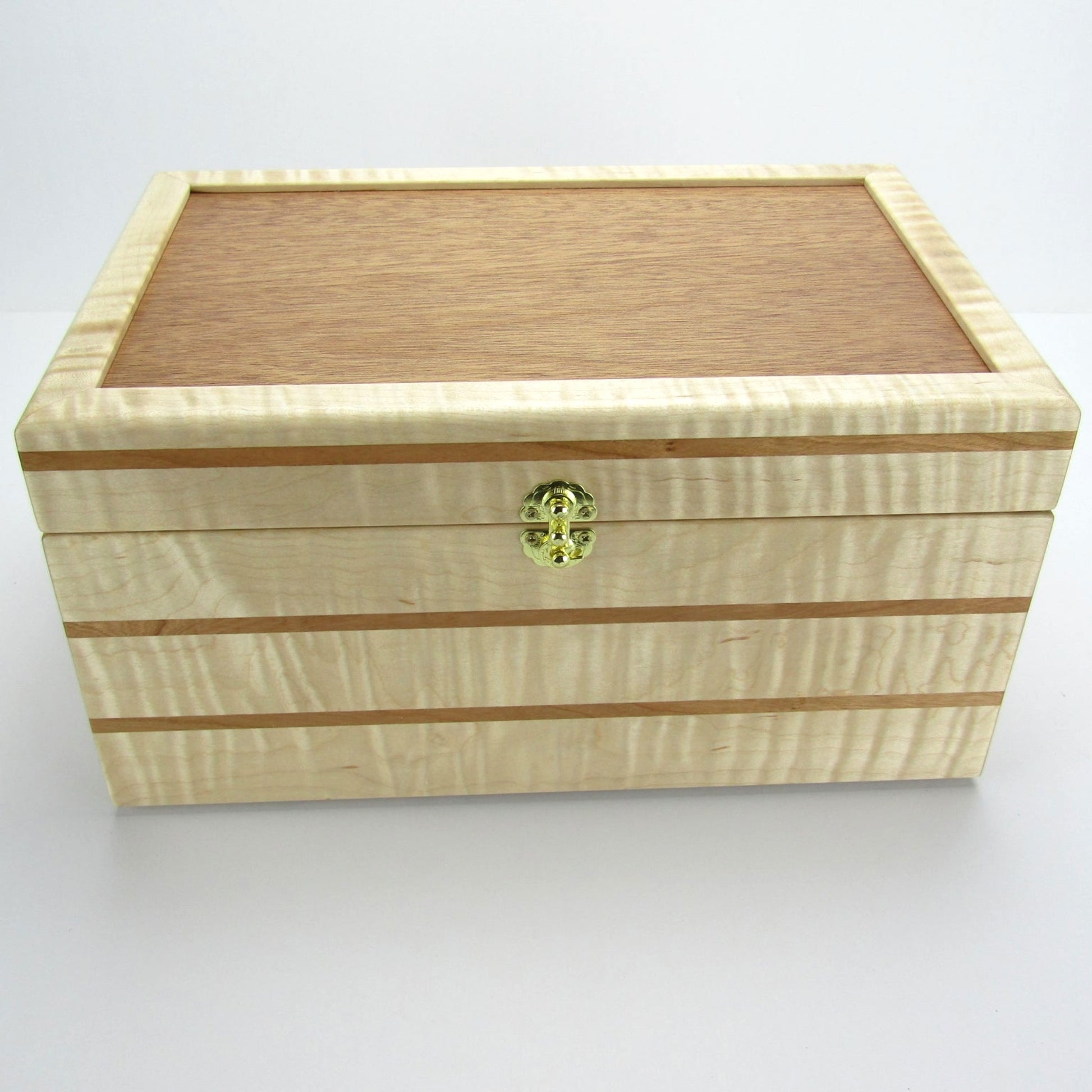 Front view of wooden memory box handmade from curly maple and cherry wood by A Finer Cut Woodworking.